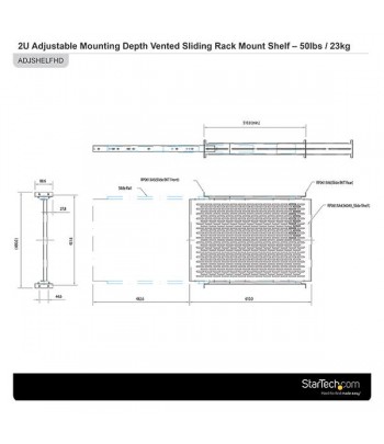 StarTech.com 2U Adjustable Mounting Depth Vented Sliding Rack Mount Shelf  50lbs / 22.7kg