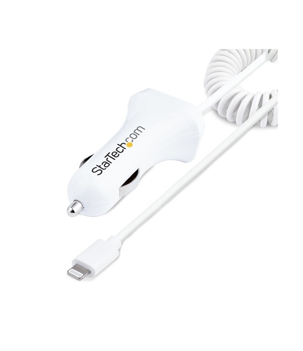 StarTech.com Lightning Car Charger with Coiled Cable, 1m Coiled Lightning Cable, 12W, White, 2 Port USB Car Charger Adapter for 