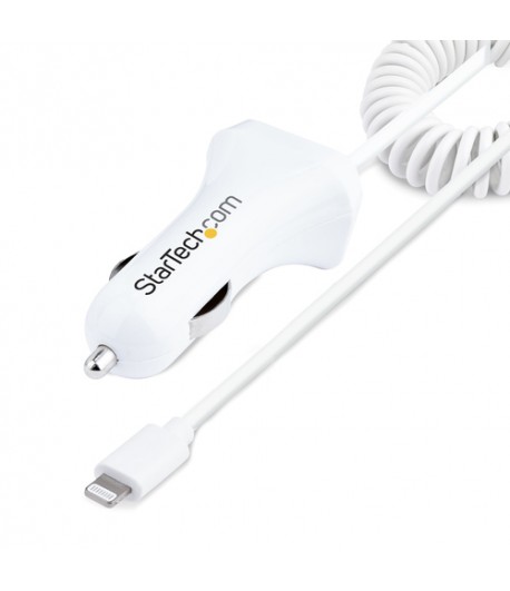 StarTech.com Lightning Car Charger with Coiled Cable, 1m Coiled Lightning Cable, 12W, White, 2 Port USB Car Charger Adapter for 