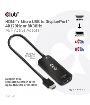 CLUB3D HDMI + Micro USB to DisplayPort 4K120Hz or 8K30Hz M/F Active Adapter